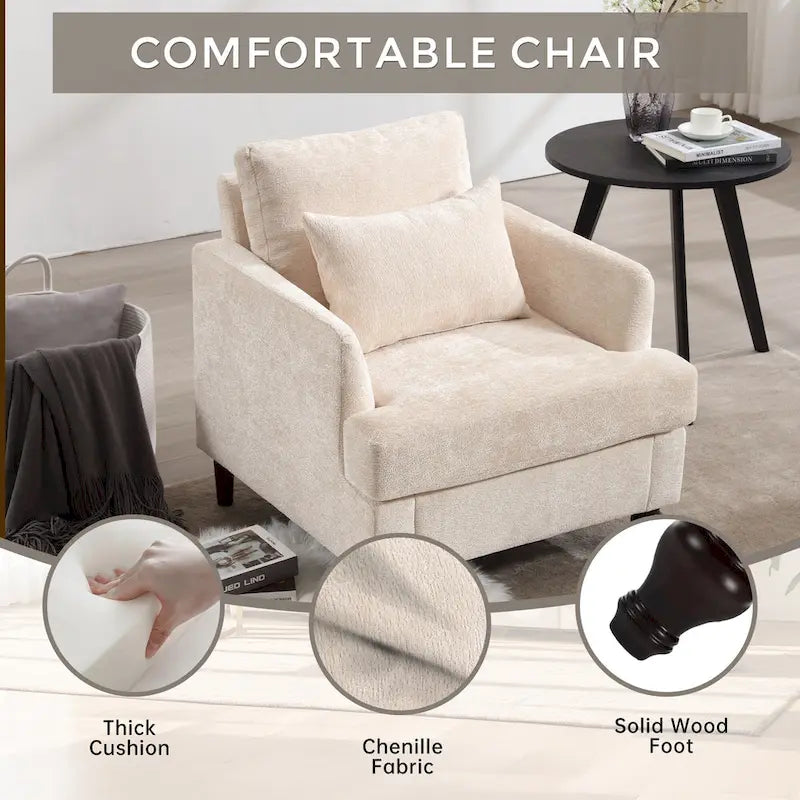 Fauteuil beige 29,53 en chenille avec cadre et coussins en bois massif