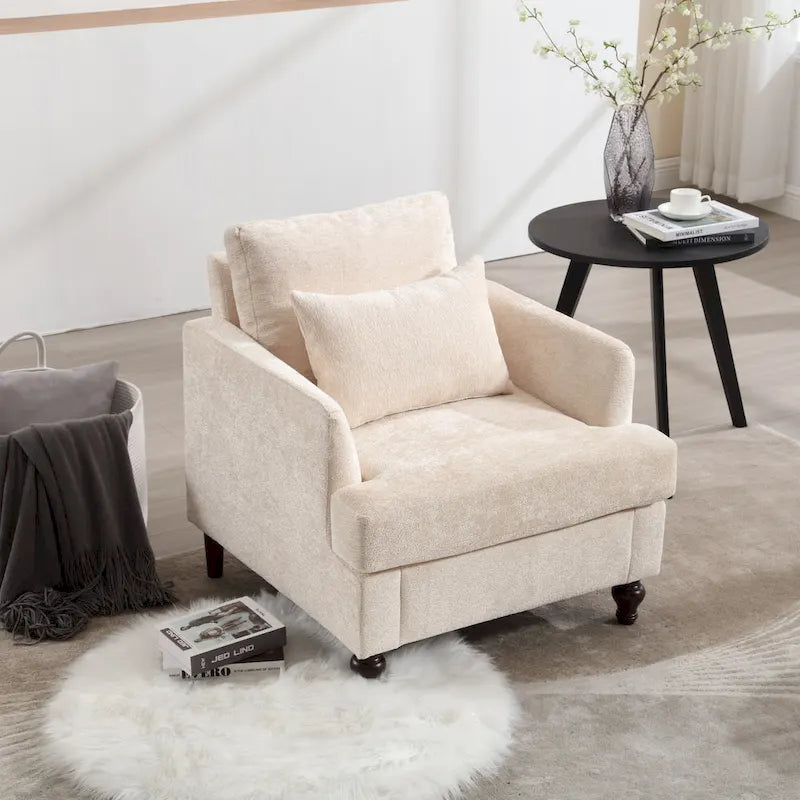 Fauteuil beige 29,53 en chenille avec cadre et coussins en bois massif