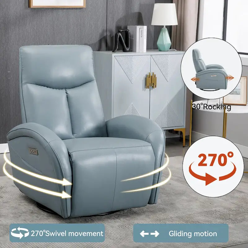 Fauteuil inclinable électrique pivotant et à bascule en cuir, pivotement max 270 degrés, mécanisme robuste avec USB et Type-C