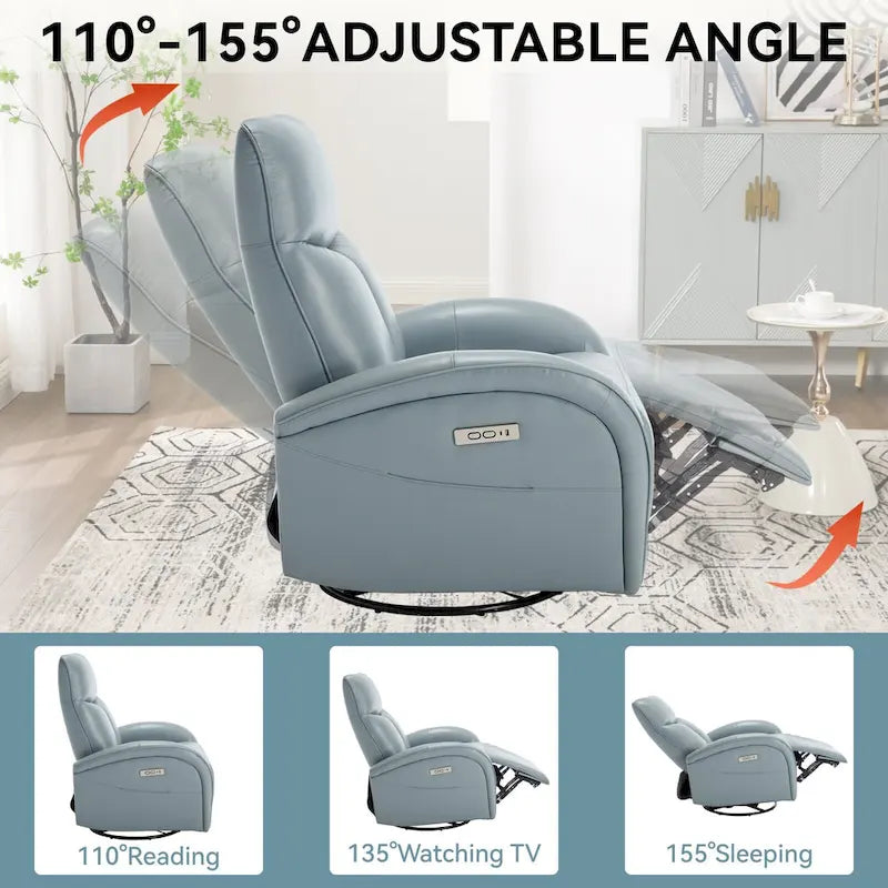 Fauteuil inclinable électrique pivotant et à bascule en cuir, pivotement max 270 degrés, mécanisme robuste avec USB et Type-C