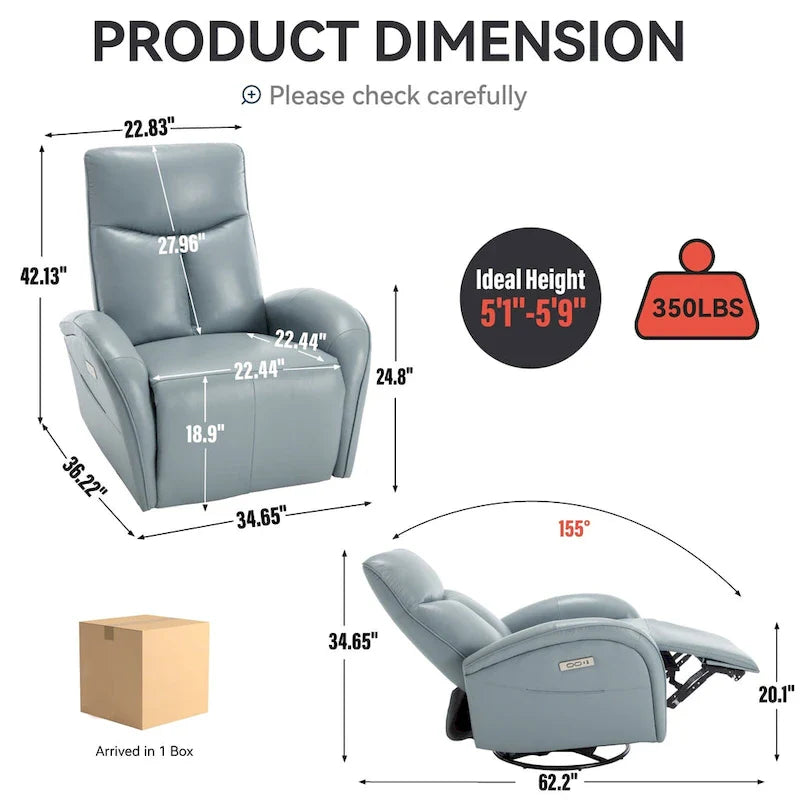 Fauteuil inclinable électrique pivotant et à bascule en cuir, pivotement max 270 degrés, mécanisme robuste avec USB et Type-C