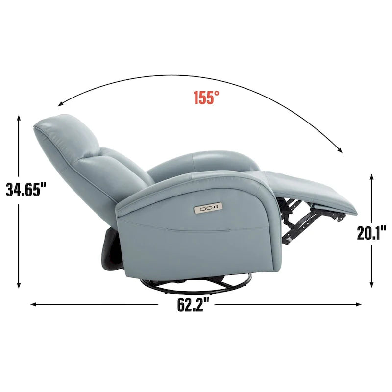 Fauteuil inclinable électrique pivotant et à bascule en cuir, pivotement max 270 degrés, mécanisme robuste avec USB et Type-C