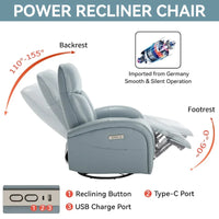 Fauteuil inclinable électrique pivotant et à bascule en cuir, pivotement max 270 degrés, mécanisme robuste avec USB et Type-C