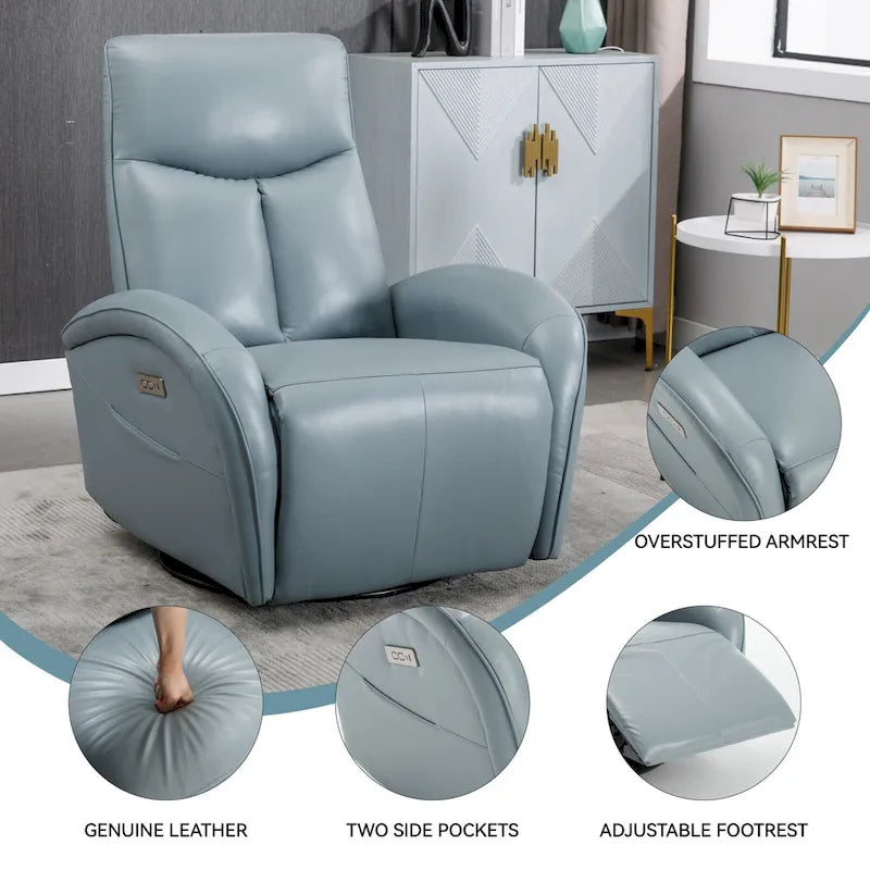 Fauteuil inclinable électrique pivotant et à bascule en cuir, pivotement max 270 degrés, mécanisme robuste avec USB et Type-C
