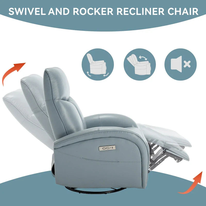 Fauteuil inclinable électrique pivotant et à bascule en cuir, pivotement max 270 degrés, mécanisme robuste avec USB et Type-C