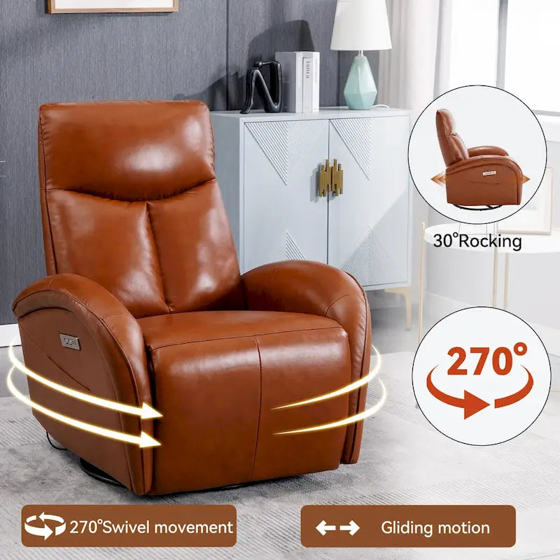 Fauteuil inclinable électrique pivotant et à bascule en cuir, pivotement max 270 degrés, mécanisme robuste avec USB et Type-C
