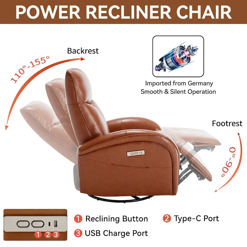 Fauteuil inclinable électrique pivotant et à bascule en cuir, pivotement max 270 degrés, mécanisme robuste avec USB et Type-C