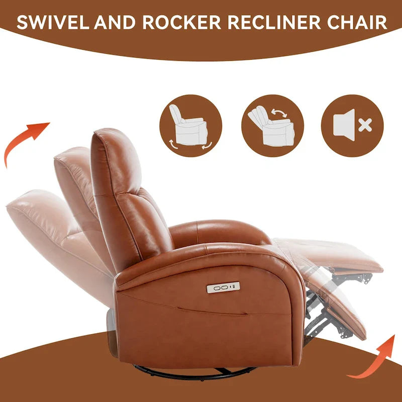 Fauteuil inclinable électrique pivotant et à bascule en cuir, pivotement max 270 degrés, mécanisme robuste avec USB et Type-C