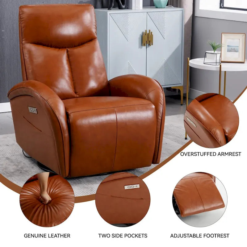 Fauteuil inclinable électrique pivotant et à bascule en cuir, pivotement max 270 degrés, mécanisme robuste avec USB et Type-C