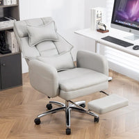 Fauteuil de bureau inclinable pivotant en cuir gris clair, support lombaire, repose-pieds