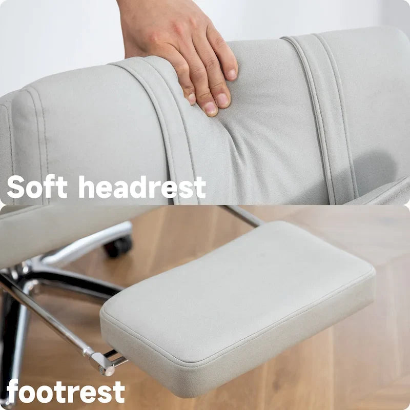 Fauteuil de bureau inclinable pivotant en cuir gris clair, support lombaire, repose-pieds