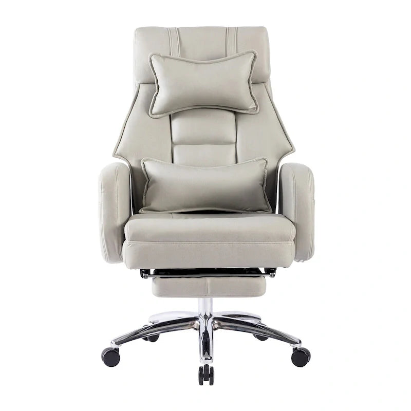 Fauteuil de bureau inclinable pivotant en cuir gris clair, support lombaire, repose-pieds