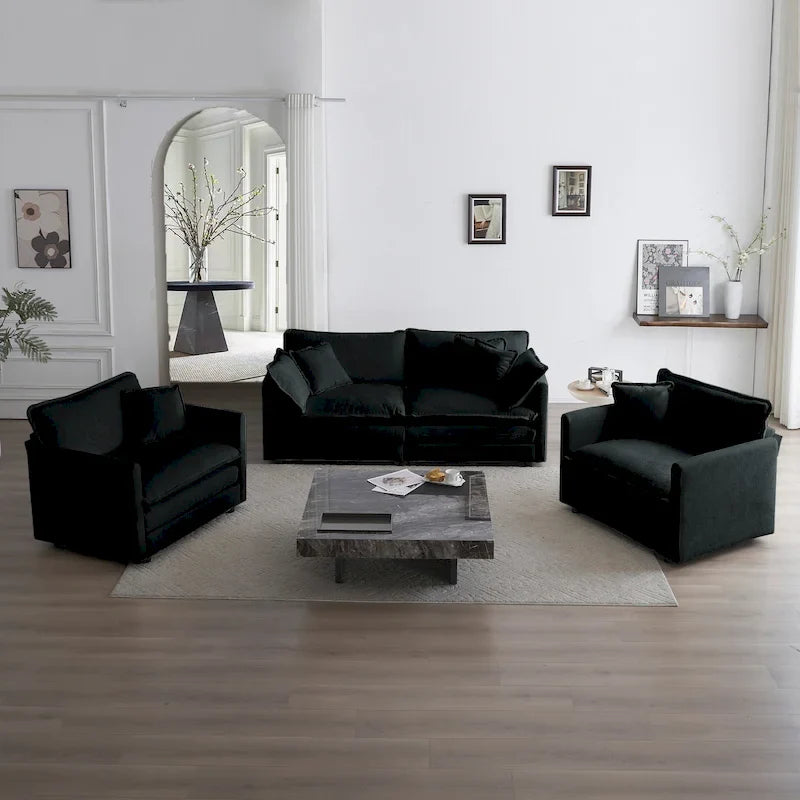 Ensemble de canapés 3 pièces en chenille noire avec causeuse et 2 canapés simples