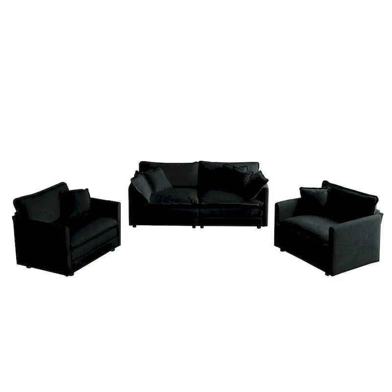 Ensemble de canapés 3 pièces en chenille noire avec causeuse et 2 canapés simples