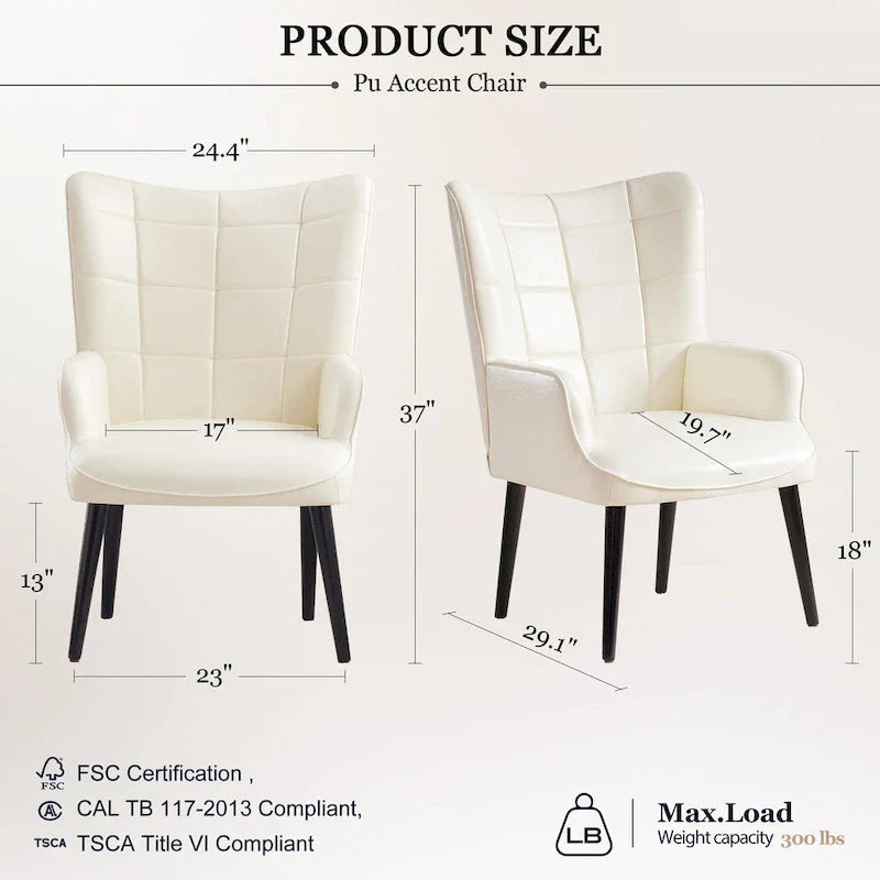 Fauteuil d'appoint moderne crème en similicuir de 24,4 po