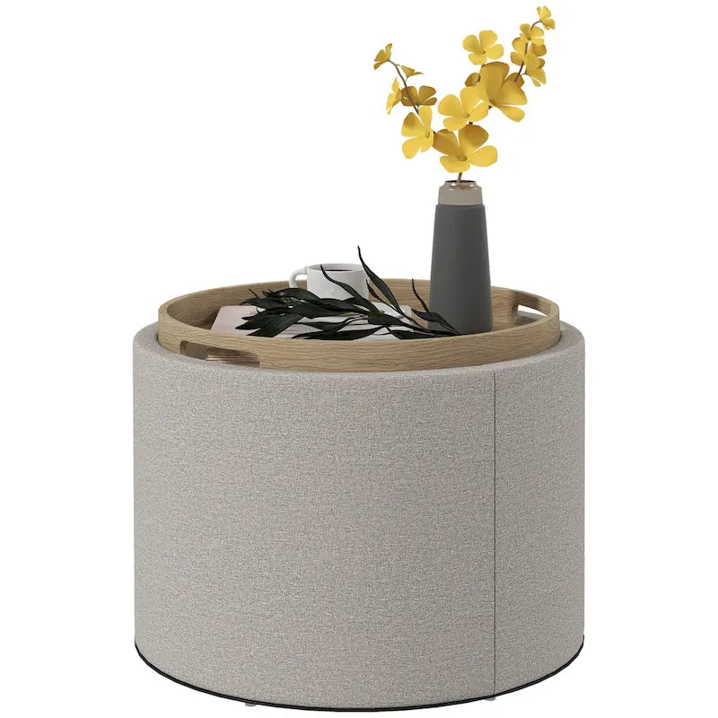 Table basse ottomane de rangement ronde avec plateau de service réversible, Gris