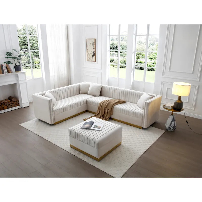 Canapé d'angle en velours beige capitonné avec ottomane et 4 oreillers