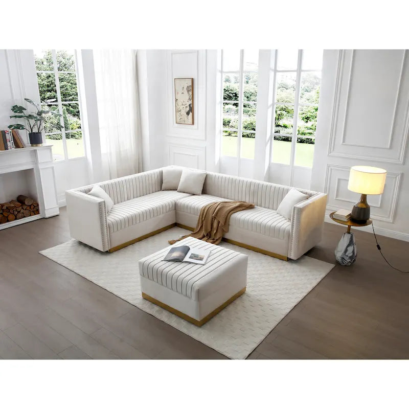 Canapé d'angle en velours beige capitonné avec ottomane et 4 oreillers
