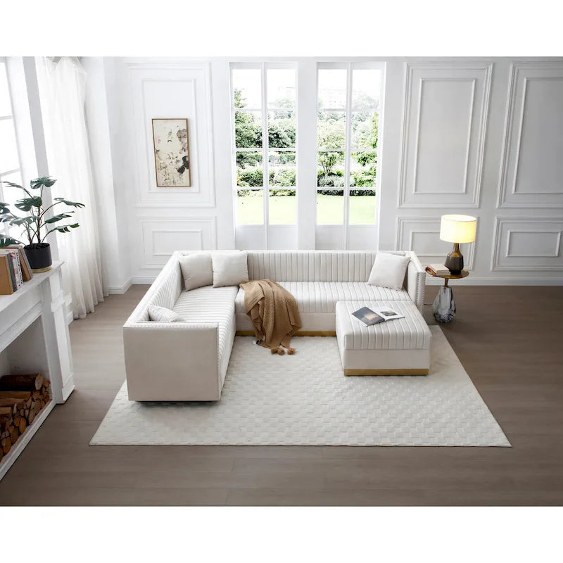 Canapé d'angle en velours beige capitonné avec ottomane et 4 oreillers