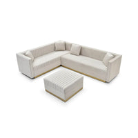 Canapé d'angle en velours beige capitonné avec ottomane et 4 oreillers