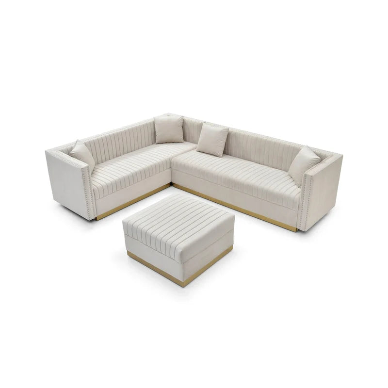 Canapé d'angle en velours beige capitonné avec ottomane et 4 oreillers