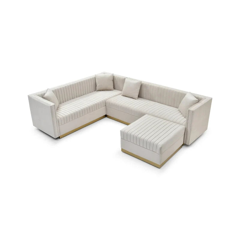 Canapé d'angle en velours beige capitonné avec ottomane et 4 oreillers