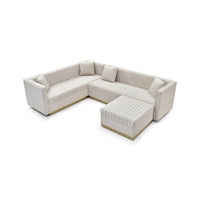 Canapé d'angle en velours beige capitonné avec ottomane et 4 oreillers
