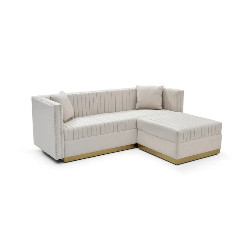 Canapé d'angle en velours beige capitonné avec ottomane et 4 oreillers