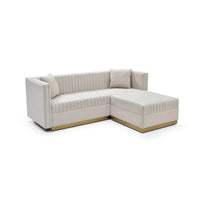 Canapé d'angle en velours beige capitonné avec ottomane et 4 oreillers