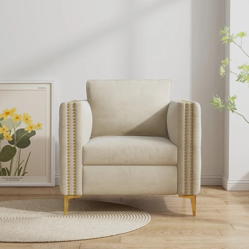 Fauteuil d'appoint pour salon, fauteuil rembourré avec pieds en métal, velours
