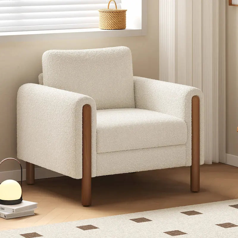 Fauteuil d'appoint rembourré blanc de 33,5 po avec pieds en noyer et accoudoir incurvé
