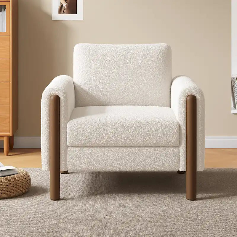 Fauteuil d'appoint rembourré blanc de 33,5 po avec pieds en noyer et accoudoir incurvé