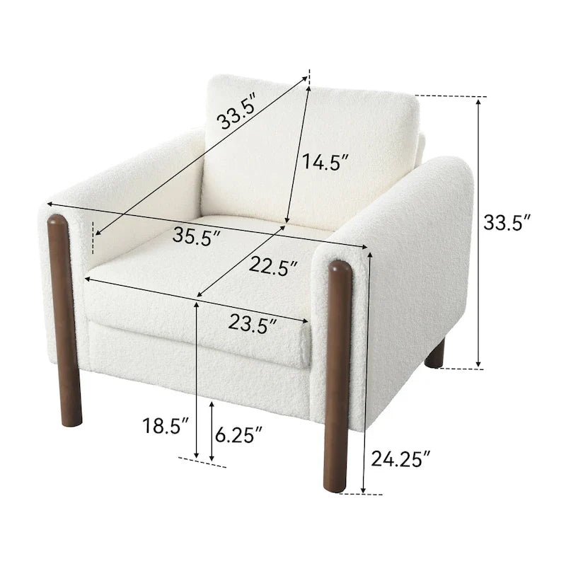 Fauteuil d'appoint rembourré blanc de 33,5 po avec pieds en noyer et accoudoir incurvé