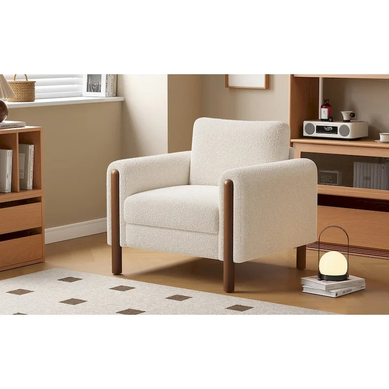 Fauteuil d'appoint rembourré blanc de 33,5 po avec pieds en noyer et accoudoir incurvé