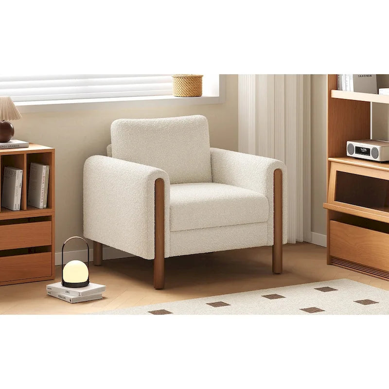 Fauteuil d'appoint rembourré blanc de 33,5 po avec pieds en noyer et accoudoir incurvé
