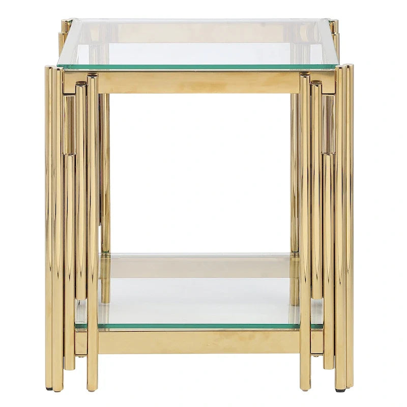 Woker Furniture table d'appoint carrée de 20 po de largeur avec dessus en verre, table basse en acier inoxydable doré et verre trempé