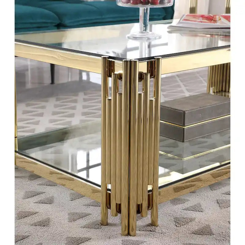 Woker Furniture table d'appoint carrée de 20 po de largeur avec dessus en verre, table basse en acier inoxydable doré et verre trempé