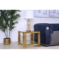 Woker Furniture table d'appoint carrée de 20 po de largeur avec dessus en verre, table basse en acier inoxydable doré et verre trempé