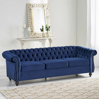Canapé 3 places Chesterfield capitonné avec clous et pieds Blue 84.75