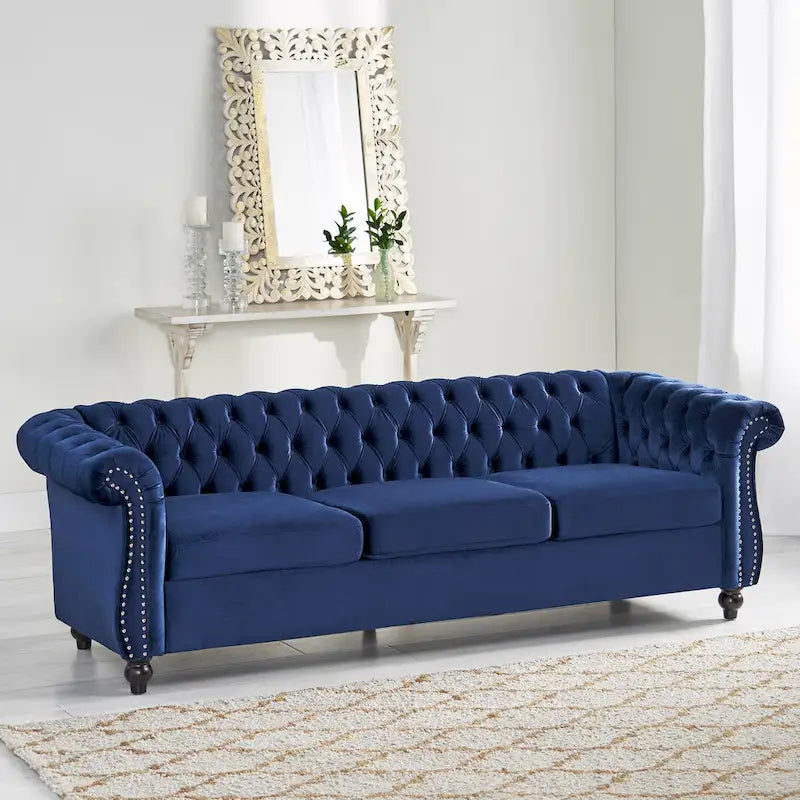 Canapé 3 places Chesterfield capitonné avec clous et pieds Blue 84.75