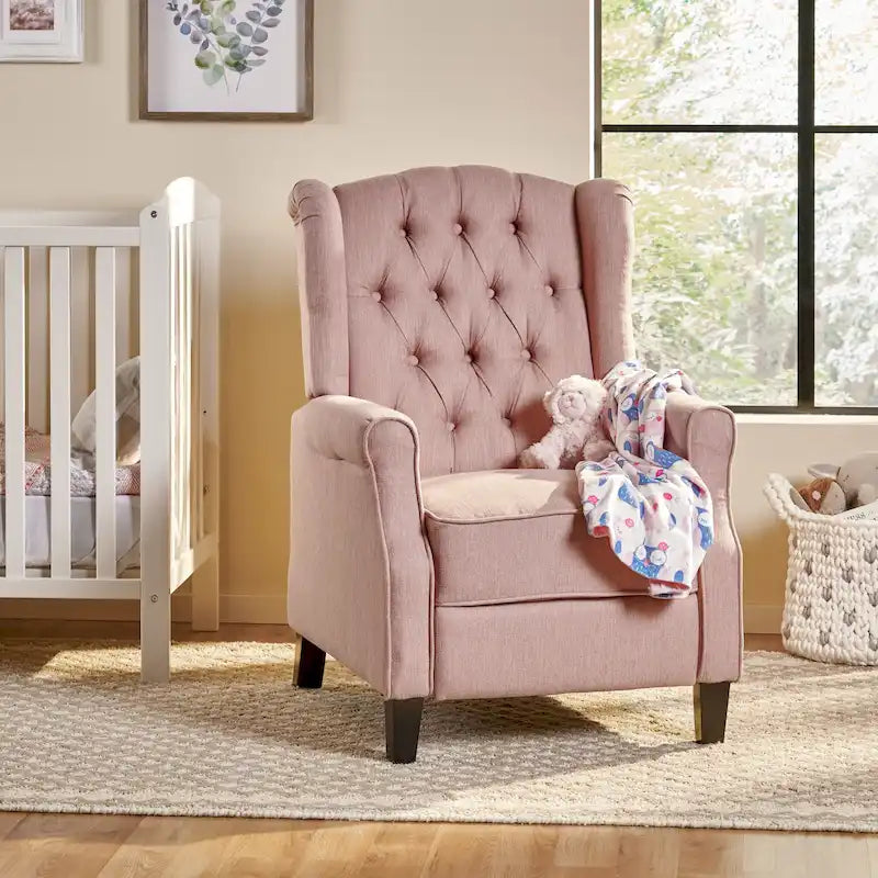 Fauteuil inclinable à dossier oreilles à pousser moderne avec repose-pieds, capitonné à boutons, pieds en bouleau