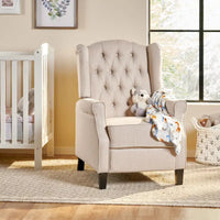 Fauteuil inclinable à dossier oreilles à pousser moderne avec repose-pieds, capitonné à boutons, pieds en bouleau