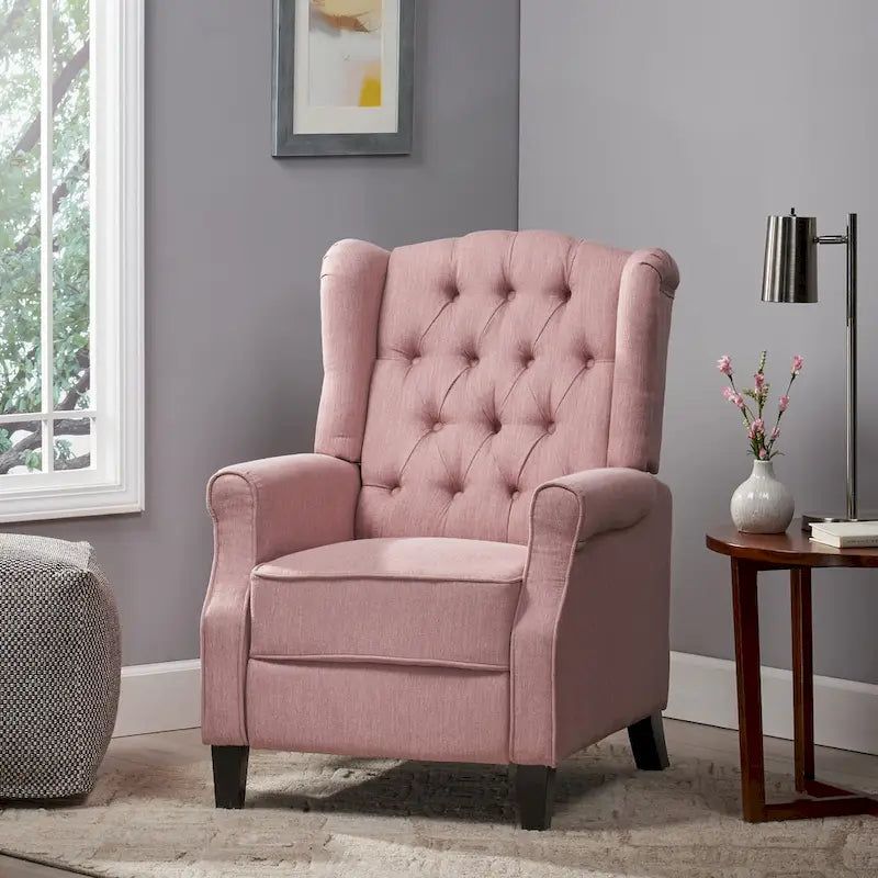 Fauteuil inclinable à dossier oreilles à pousser moderne avec repose-pieds, capitonné à boutons, pieds en bouleau