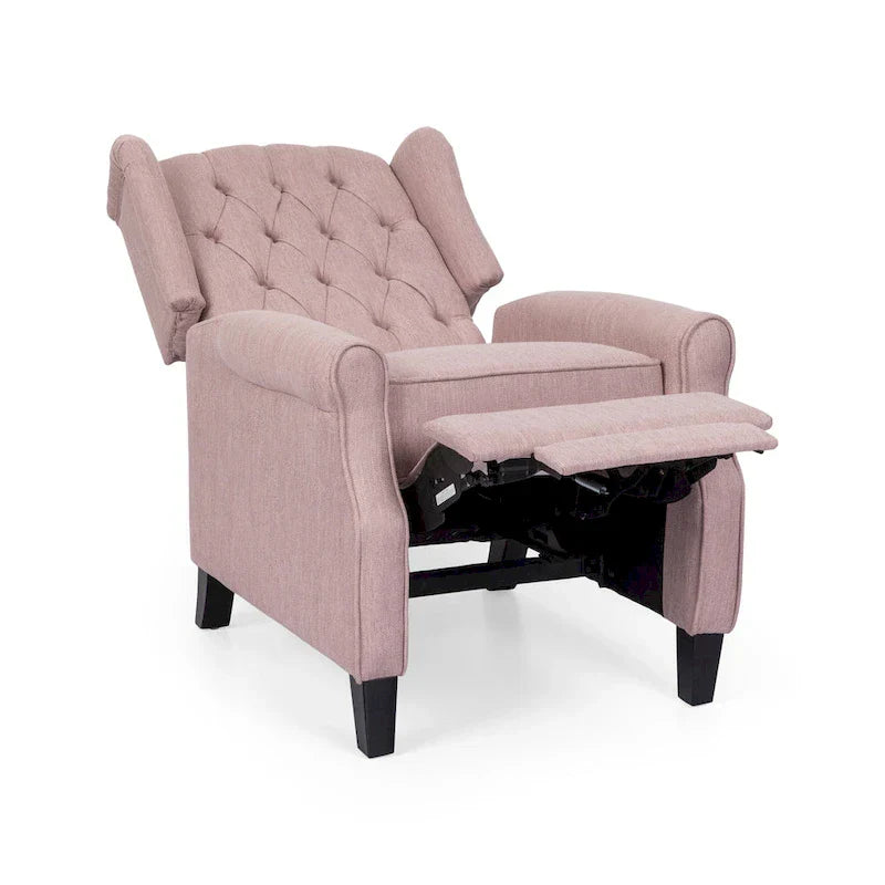 Fauteuil inclinable à dossier oreilles à pousser moderne avec repose-pieds, capitonné à boutons, pieds en bouleau