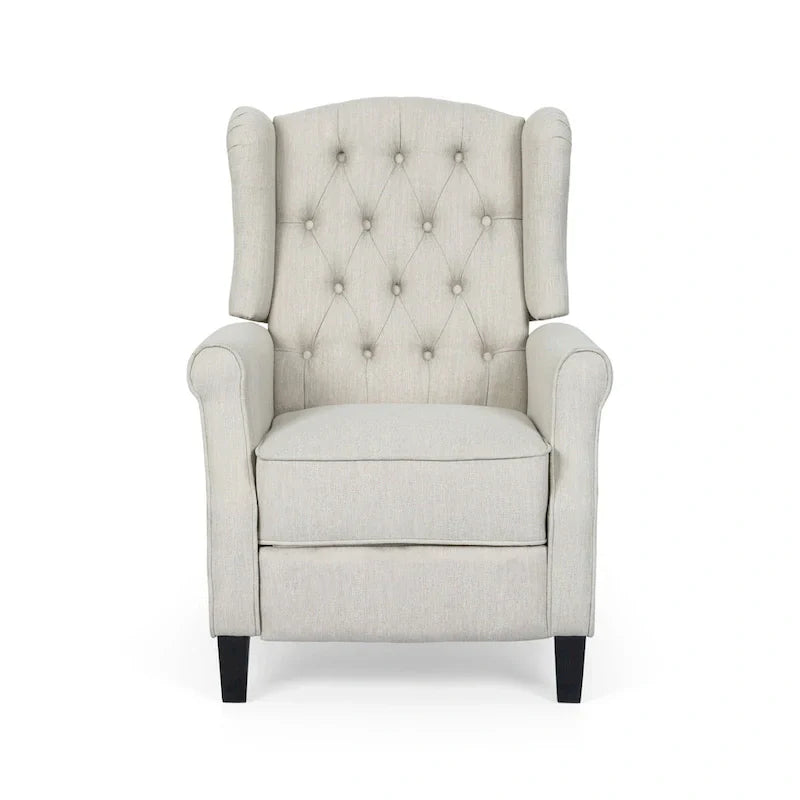 Fauteuil inclinable à dossier oreilles à pousser moderne avec repose-pieds, capitonné à boutons, pieds en bouleau