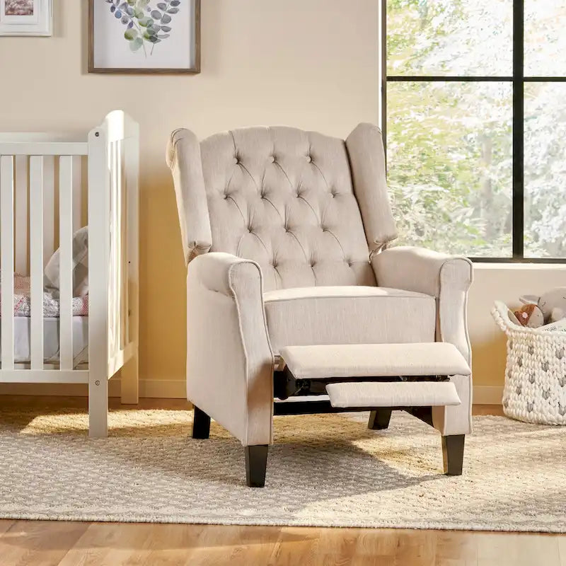 Fauteuil inclinable à dossier oreilles à pousser moderne avec repose-pieds, capitonné à boutons, pieds en bouleau