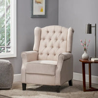 Fauteuil inclinable à dossier oreilles à pousser moderne avec repose-pieds, capitonné à boutons, pieds en bouleau