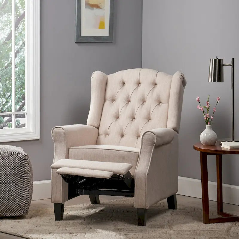 Fauteuil inclinable à dossier oreilles à pousser moderne avec repose-pieds, capitonné à boutons, pieds en bouleau