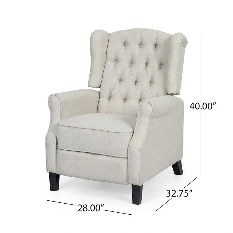 Fauteuil inclinable à dossier oreilles à pousser moderne avec repose-pieds, capitonné à boutons, pieds en bouleau