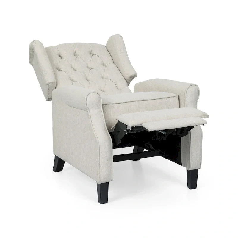 Fauteuil inclinable à dossier oreilles à pousser moderne avec repose-pieds, capitonné à boutons, pieds en bouleau